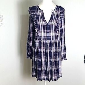 LOFT Navy Blue & White Plaid  Mini-Dress, V-neck, Ruffles, Longsleeves, Sz Med